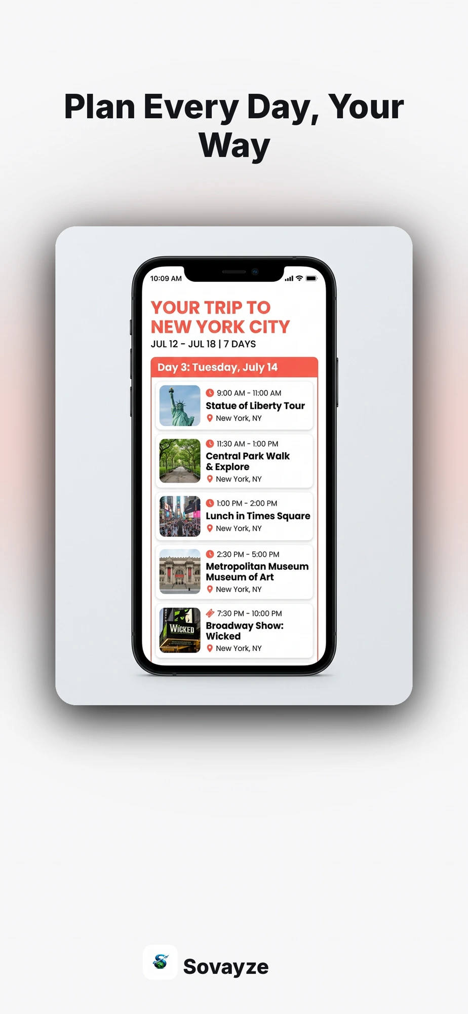 Sovayze day-by-day itinerary planner