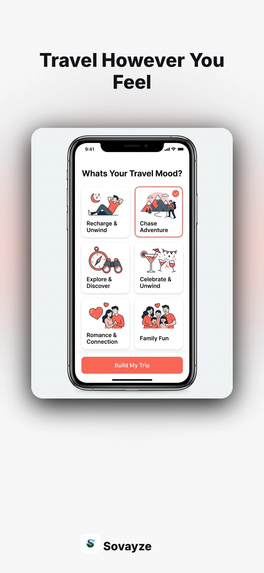 Sovayze mood-based trip planning screen