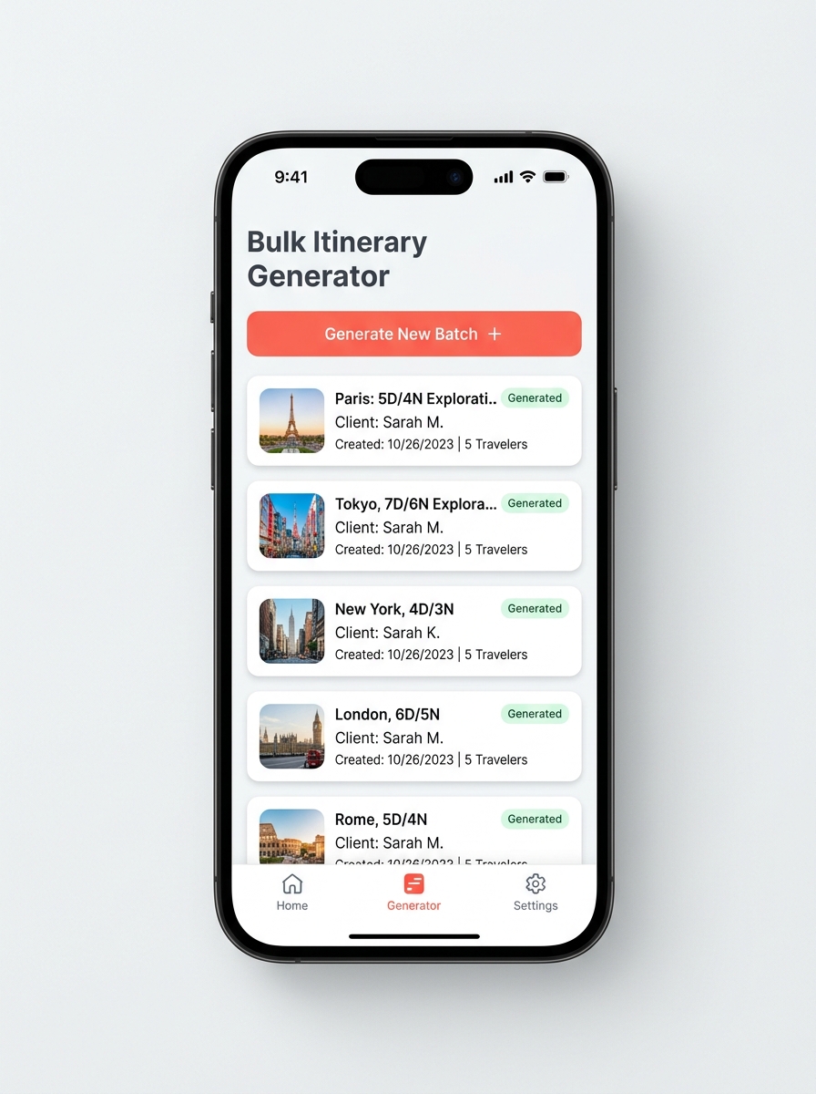 Bulk Itinerary Generation screen