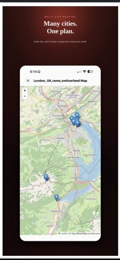 Sovayze multi-city route map screen